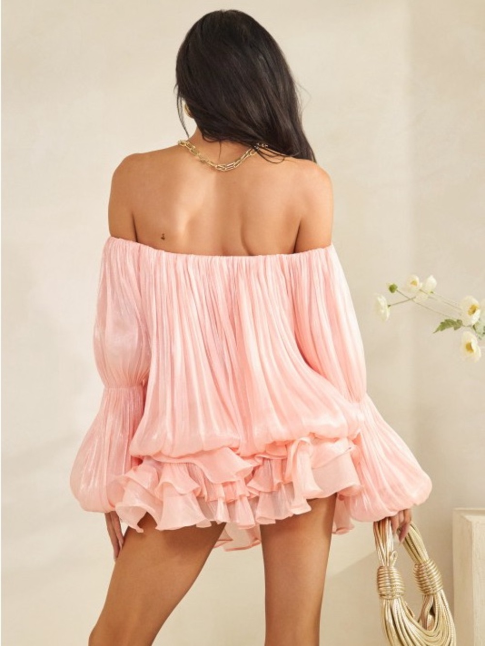 Off-Shoulder Pink Ruffle Mini Dress - Picture 2 of 4
